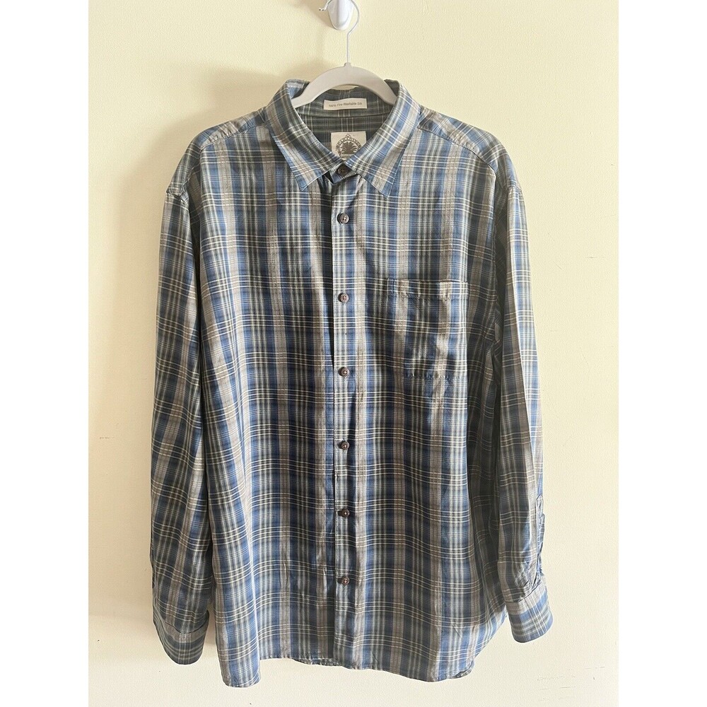 Paradise Collection Shirt Plaid Blue Tan 100% Silk‎ Men's Size XL
